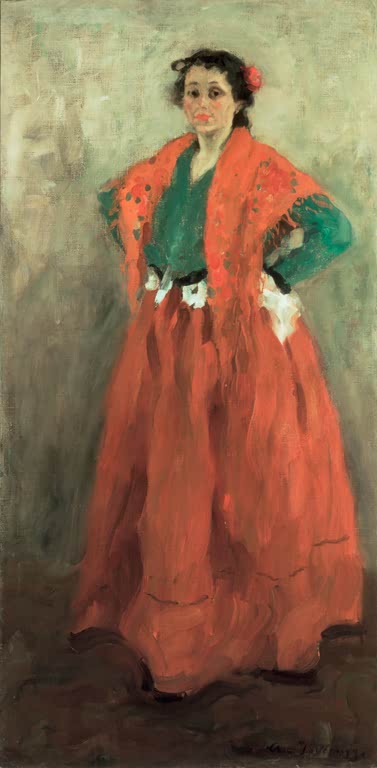 Stehende Frau im roten Kleid mit Schultertuch vor hellem Grund – Alexej von Jawlensky Die Frau des Künstlers Kunstkopie