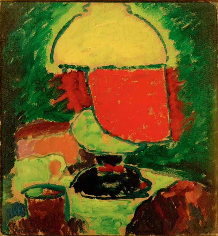 Alexej von Jawlensky Die Lampe Kunstkopie – Gelbe Lampe über Tisch mit rotem Schirm auf grünem Grund