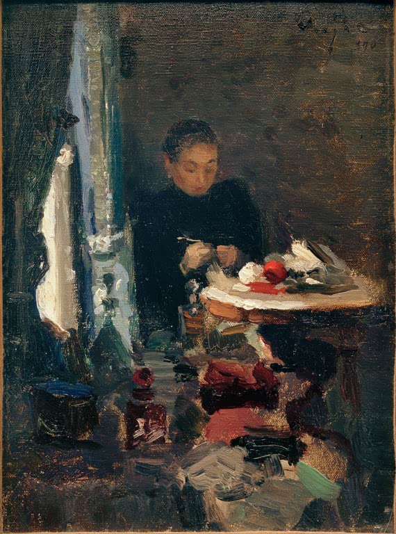 Frau sitzt in dunklem Raum an einem Tisch – Alexej von Jawlensky Die Mutter des Künstlers Kunstkopie