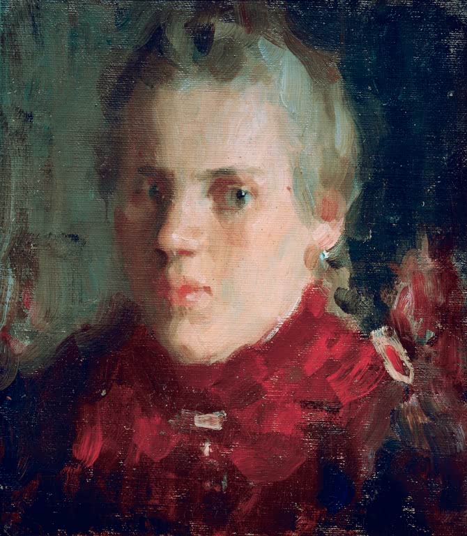 Junge Frau mit hellem Haar und rotem Kleid vor dunklem Grund – Alexej von Jawlensky Die Näherin Kunstkopie