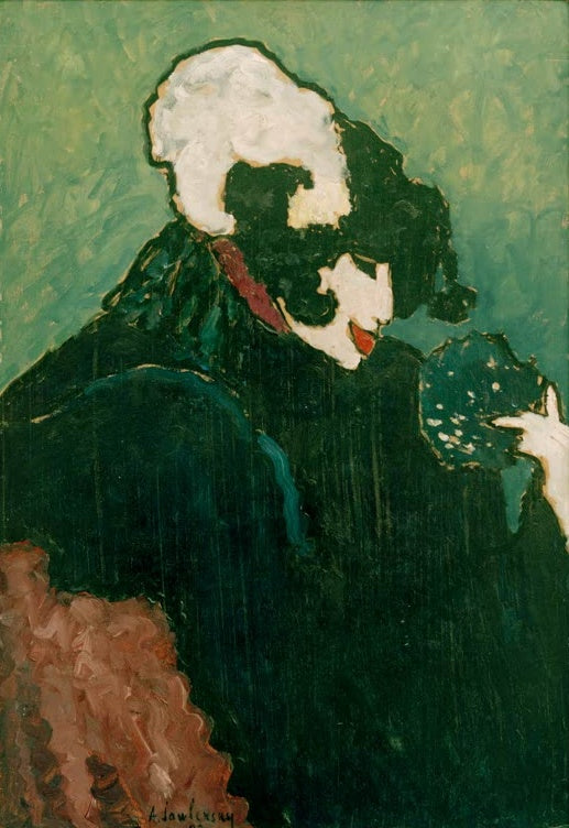 Alexej von Jawlensky Die weiße Feder Kunstkopie: Dunkelgrün gekleidete Frau mit weißer Haarfeder vor grünem Grund