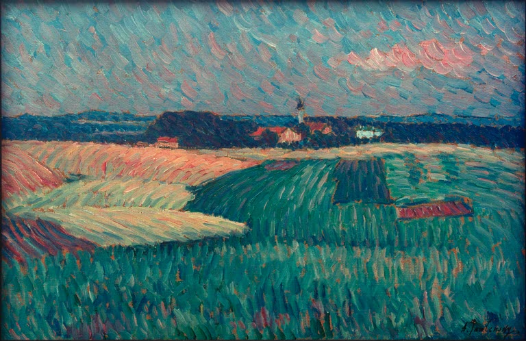Weite Feldlandschaft mit fernem Dorf unter rosa Wolken – Alexej von Jawlensky Dorf in Bayern Kunstkopie