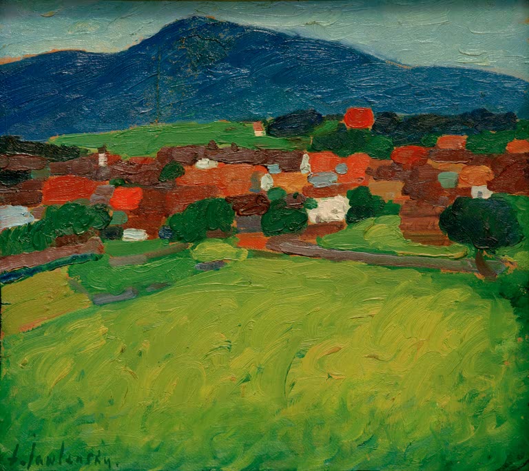 Dorf mit roten Dächern vor dunkelblauem Berg und grünen Wiesen – Alexej von Jawlensky Dorf Murnau Kunstkopie