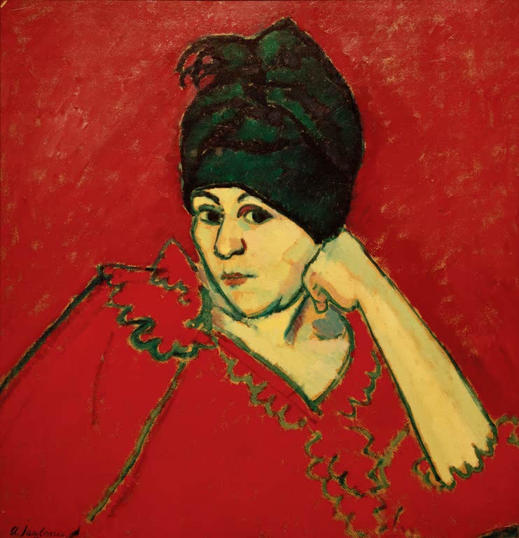 Frau mit dunklem Turban stützt den Kopf auf die Hand, roter Grund – Alexej von Jawlensky Dunkelblauer Turban Kunstkopie