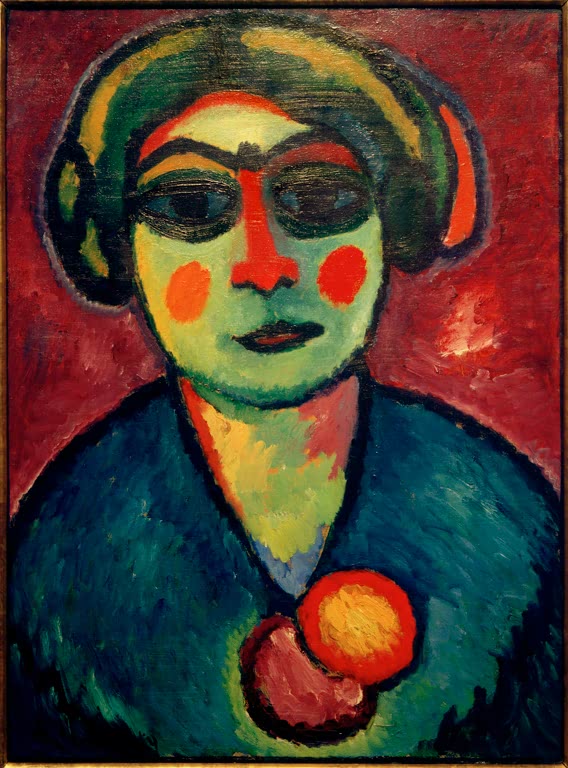 Frau mit grünem Gesicht, dunklen Augen und roten Wangen vor rotem Grund – Alexej von Jawlensky Dunkle Augen Kunstkopie