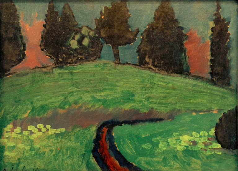 Alexej von Jawlensky Dunkle Bäume über grünem Hang Kunstkopie – Grüner Hang mit gewundenem Weg und braunen Tannen