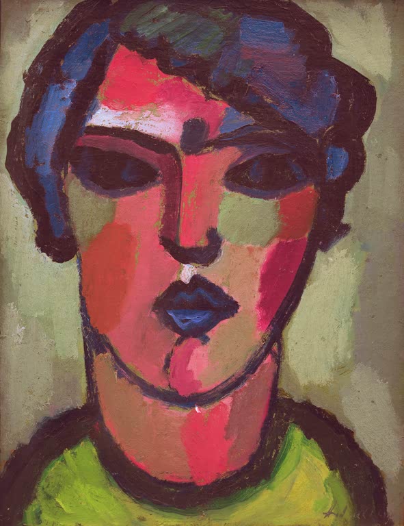 Frauenkopf mit blauem Haar, rosa Gesicht und gelbgrünem Kragen – Alexej von Jawlensky Dunkle Flamme Kunstkopie
