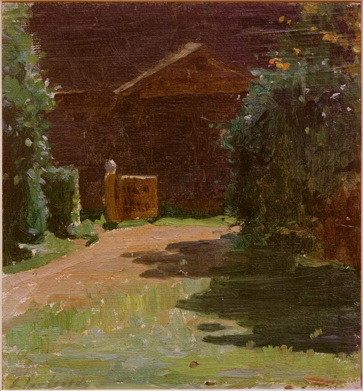 Sandweg vor braunem Holzhaus zwischen Büschen – Alexej von Jawlensky Einfahrt Schloss Ansbaki Kunstkopie