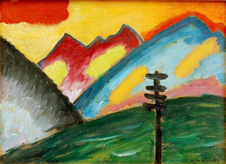 Alexej von Jawlensky Einsamkeit Kunstkopie: Rot-gelber Himmel über Bergen und Wegweiser auf grünem Hügel