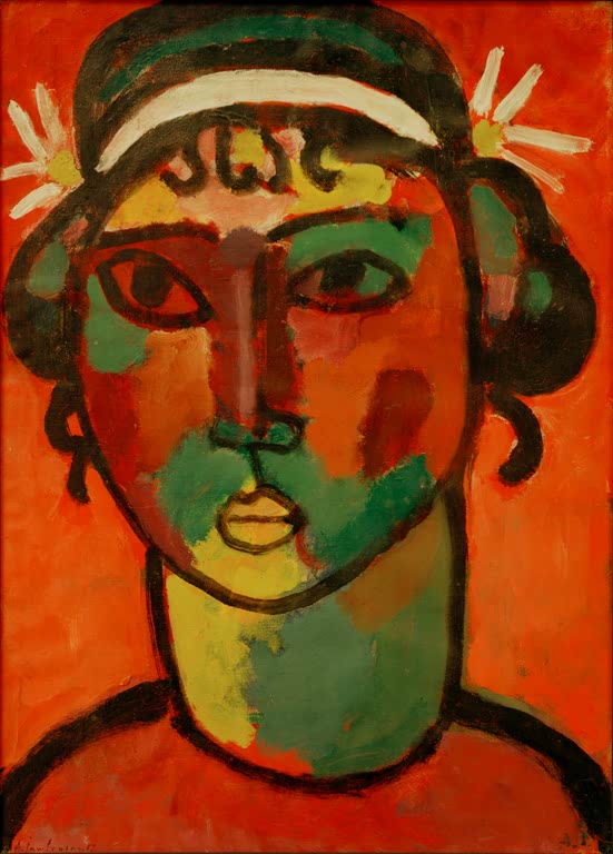 Frau mit weißem Stirnband, Gänseblümchen im Haar und rotem Hintergrund – Alexej von Jawlensky Exotischer Kopf Kunstkopie