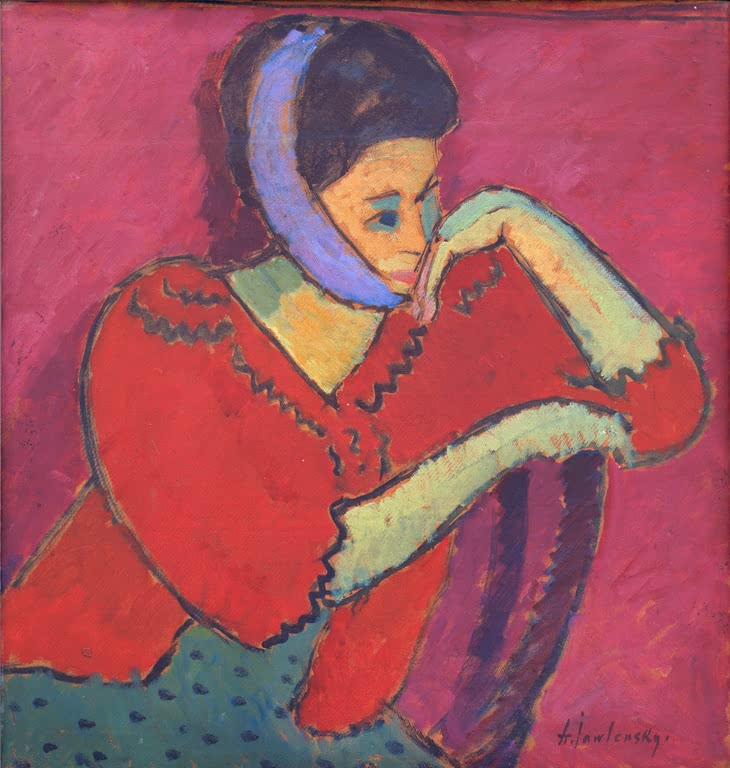 Frau mit blauem Kopftuch und roter Bluse vor Magenta – Alexej von Jawlensky Frau mit Kopfbinde Kunstkopie
