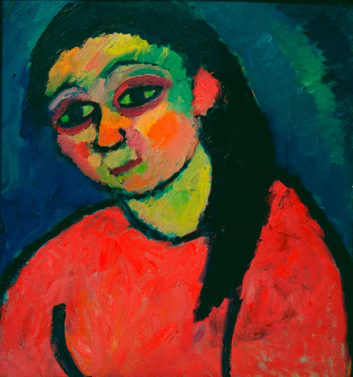 Alexej von Jawlensky Frau mit roter Bluse Kunstkopie: Mädchen mit langem dunklem Haar und roter Bluse vor grünblauem Grund