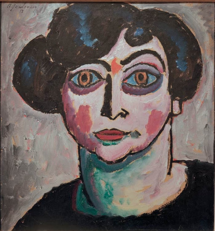 Frau mit dunklem Haarknoten, blassem Gesicht und blauen Augen – Alexej von Jawlensky Frau mit schwarzen Haaren Kunstkopie