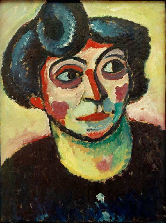 Frau mit Haartolle, rotem Mund und dunklem Kleid vor hellem Grund – Alexej von Jawlensky Frau mit Stirnlocke Kunstkopie