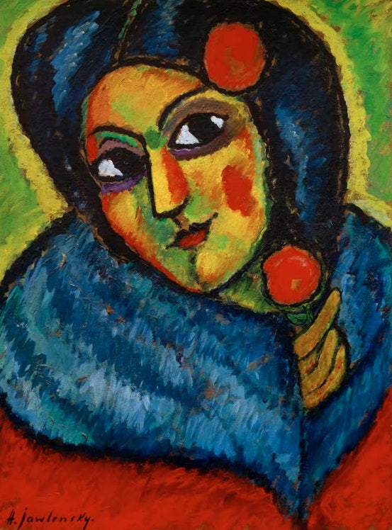 Frau mit rotem Haarschmuck und blauem Schal vor grünem Grund – Alexej von Jawlensky Frauenkopf, Balletteuse Kunstkopie