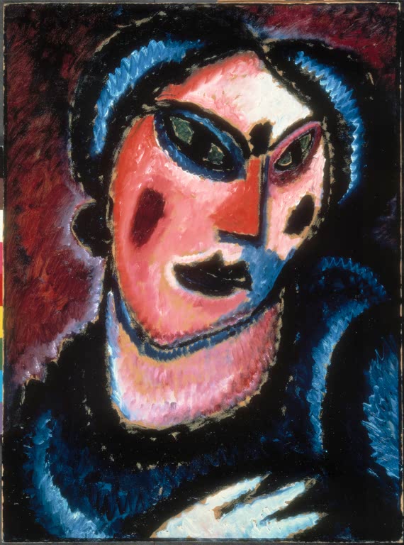 Frau mit blauem Haar, dunklen Augen und rosigem Gesicht vor Schwarz – Alexej von Jawlensky Frauenkopf Kunstkopie