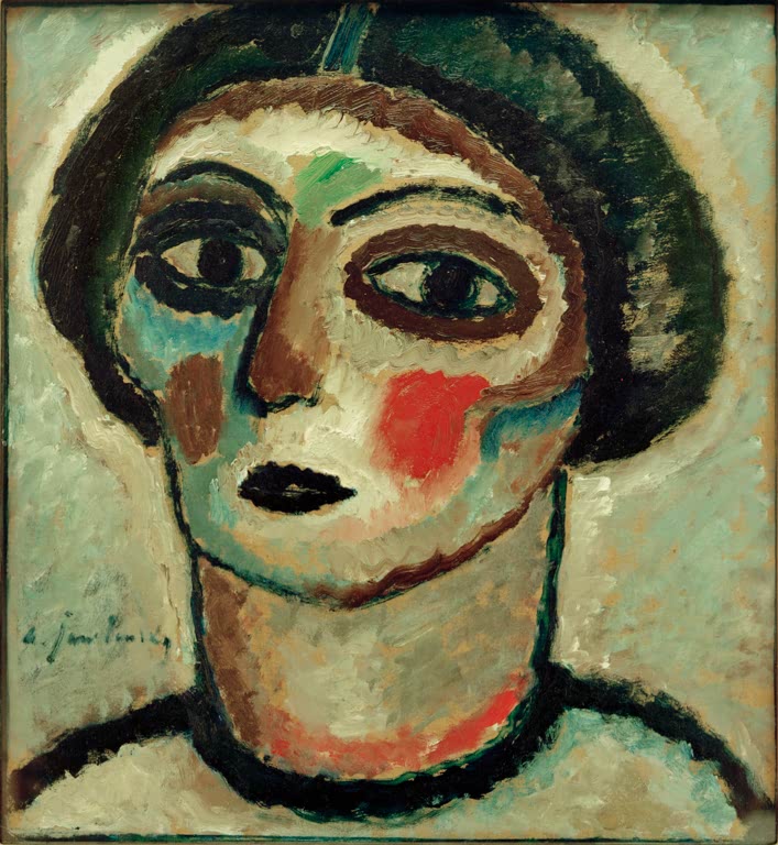 Alexej von Jawlensky Frauenkopf Kunstkopie – Frau mit dunkler Frisur, großen Augen und rosa Wangen vor Graugrün