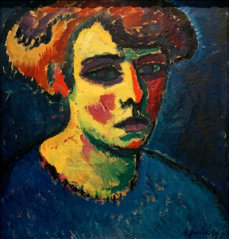 Frau mit gelbem Gesicht und rotbraunem Haar vor dunkelblauem Grund – Alexej von Jawlensky Frauenkopf Kunstkopie