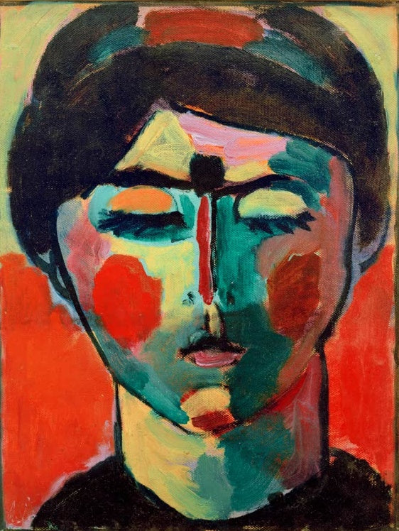 Alexej von Jawlensky Frauenkopf Kunstkopie – Frau mit geschlossenen Augen, dunklem Haar und roten Wangen vor Rot