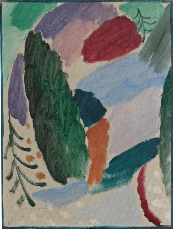 Fleckenartige Farbflächen in Grün, Violett und Rot mit Tannenzweig – Alexej von Jawlensky Frostiger Tag Kunstkopie