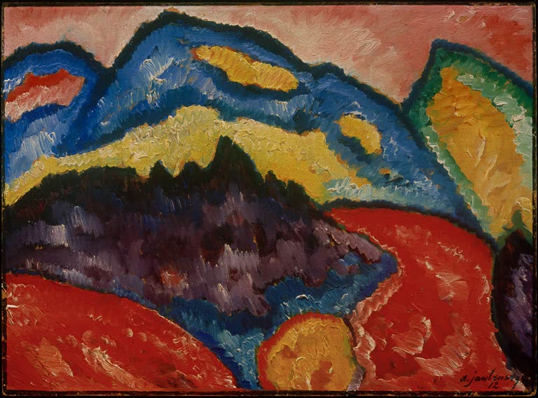 Blau-gelbes Gebirge über roten Hügeln – Alexej von Jawlensky Gebirge bei Oberstdorf Kunstkopie