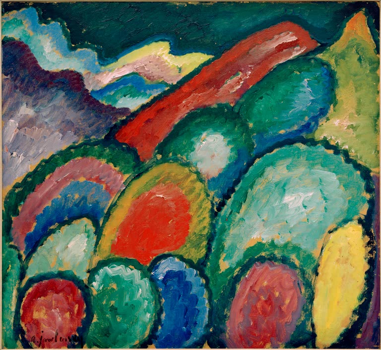 Alexej von Jawlensky Gebirge und Bäume Kunstkopie: Bunte kugelige Bäume vor roten und blauen Berghängen