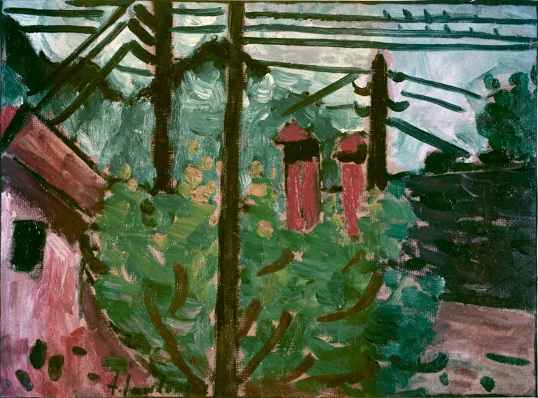 Telegrafenmasten, Büsche und Häuser am Hang – Alexej von Jawlensky Gebirgslandschaft mit Telegraphenleitungen Kunstkopie