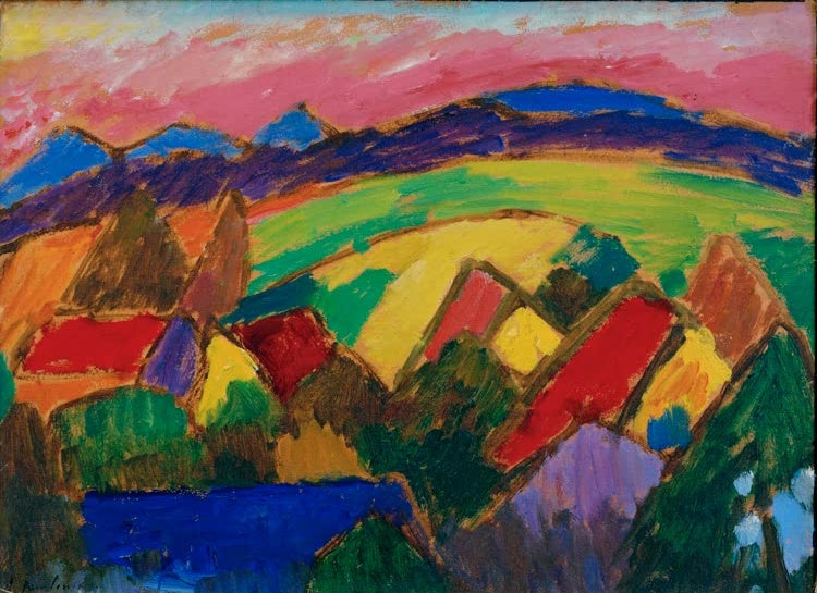 Alexej von Jawlensky Gelber Klang Kunstkopie – Bunte Hügel mit Häusern und blauem See unter rosa Himmel