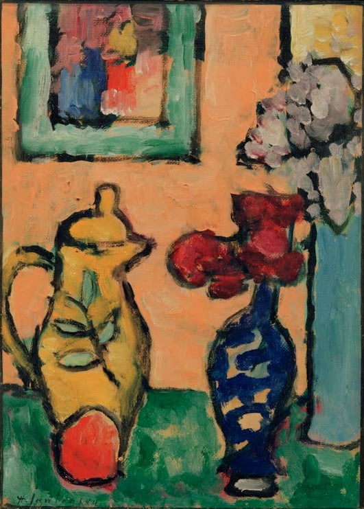Alexej von Jawlensky Gelber Topf Kunstkopie: Gelbe Kanne, blaue Vase und rote Blumen vor oranger Wand
