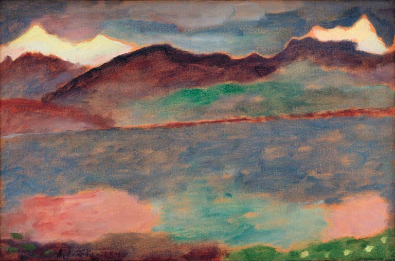 Bergkette mit hellen Gipfeln über spiegelndem See in Rosa und Violett – Alexej von Jawlensky Genfer See am Abend Kunstkopie