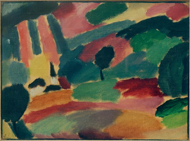 Landschaft mit grünen Hügeln, Bäumen und rosa Farbflächen – Alexej von Jawlensky Gewitterlandschaft Kunstkopie