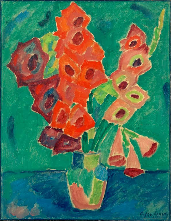 Alexej von Jawlensky Gladiolen Kunstkopie: Orangerote Gladiolen in grünem Glas vor grünem Hintergrund