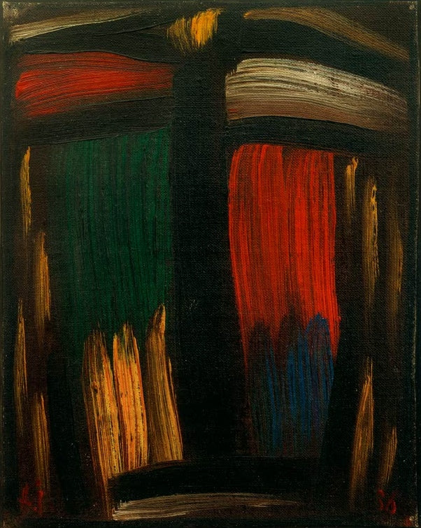 Alexej von Jawlensky Große Meditation Glut Kunstkopie, abstraktes Farbfeld in Grün und Rot vor schwarzem Grund