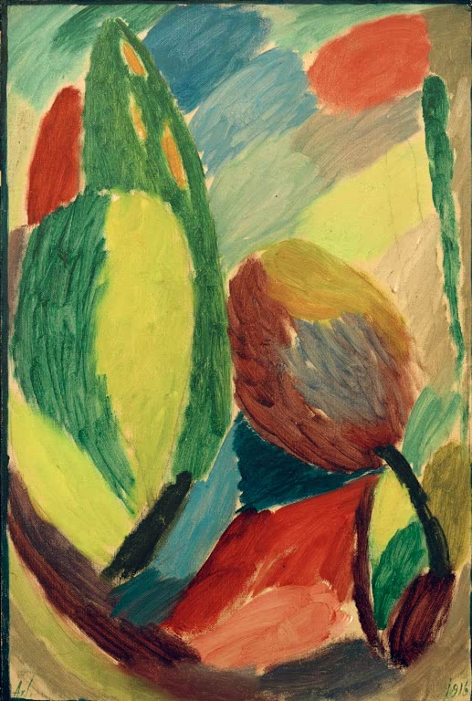 Grüne Baumformen und runde Farbflächen in Gelb und Rot – Alexej von Jawlensky Große Variation: Grüner Schimmer Kunstkopie