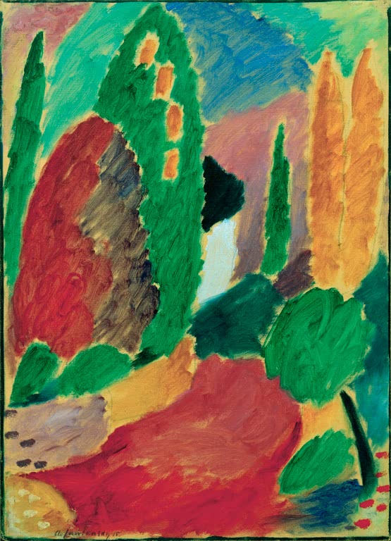 Grüne Pappeln über rotem Weg in Farbflächen – Alexej von Jawlensky Große Variation: Pfingstmorgen Kunstkopie