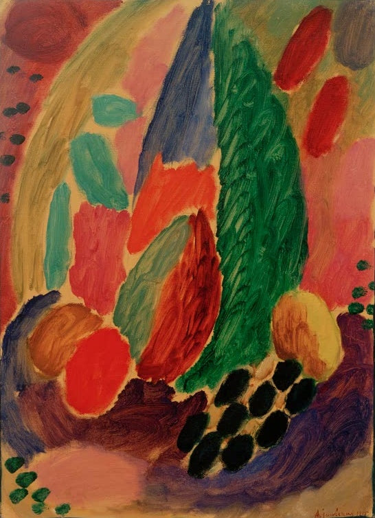Orange, rote und grüne Formen mit schwarzen Beeren auf rosa Grund – Alexej von Jawlensky Große Variation Kunstkopie