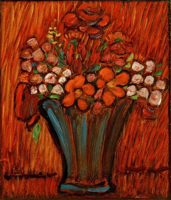 Alexej von Jawlensky Großes Stilleben: Biedermeiervase mit Blumen Kunstkopie – Blumen in dunkler Vase vor Orangerot