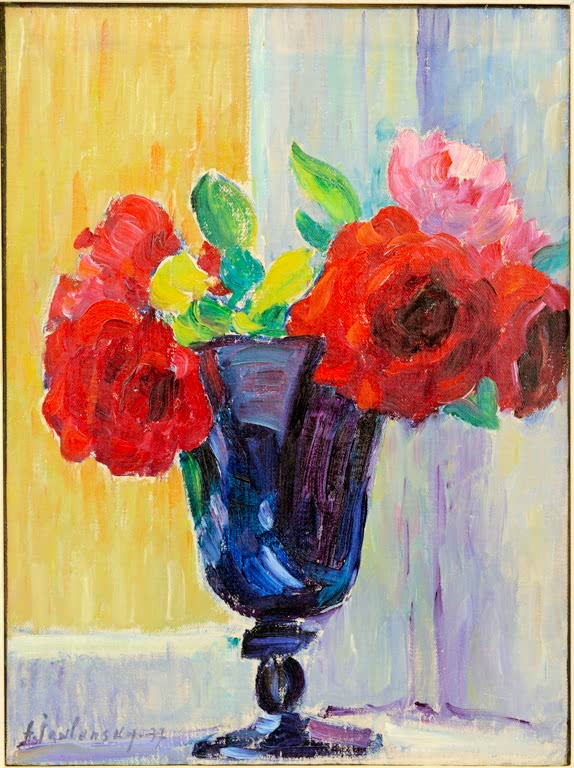 Rote Rosen in blauer Glasvase vor Fenster – Alexej von Jawlensky Großes Stilleben: Rosen in Blauer Vase Kunstkopie