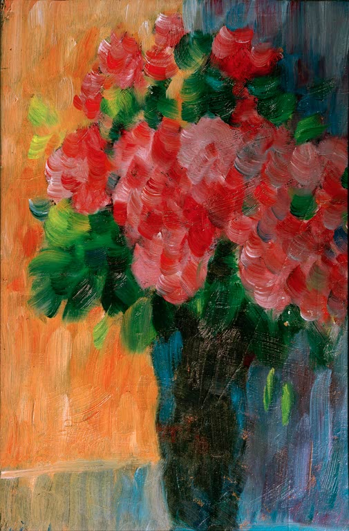 Alexej von Jawlensky Großes Stilleben Kunstkopie – Rosa-rote Blumen in dunkler Vase vor orangefarbenem Hintergrund