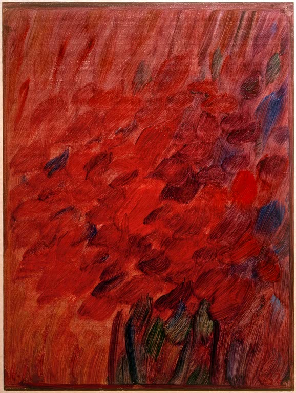 Rote Farbstriche in Rot und Dunkelrot, unten dunkle Stängel – Alexej von Jawlensky Großes Stillleben: Herbstglut Kunstkopie