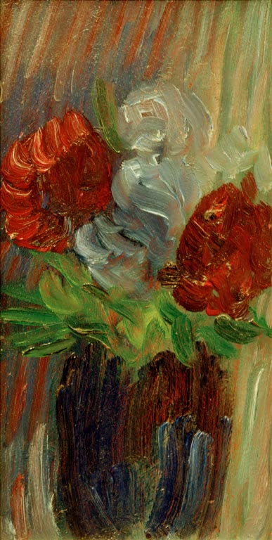 Alexej von Jawlensky Großes Stillleben mit roten Blumen Kunstkopie, zwei rote Blüten und weiße Blume in dunkler Vase
