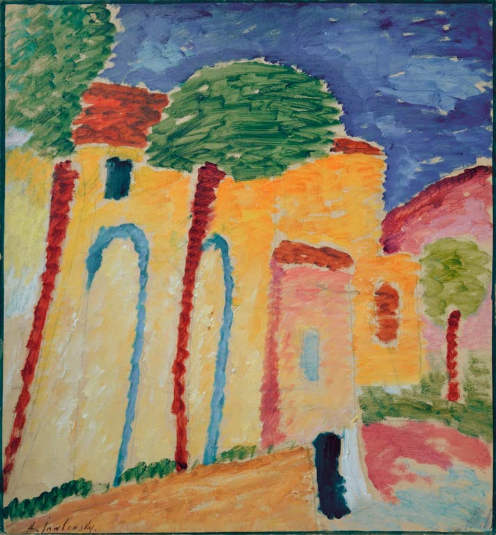 Gelbes Haus mit blauen Bögen und Pinien unter blauem Himmel – Alexej von Jawlensky Haus in Bordighera Kunstkopie