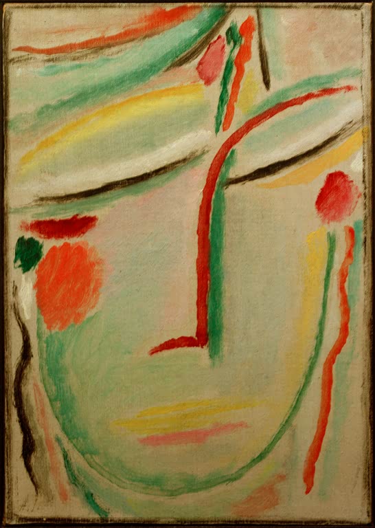 Blasses Gesicht mit geschwungenen Brauen, grünen Linien und roten Punkten – Alexej von Jawlensky Heilandsgesicht Kunstkopie