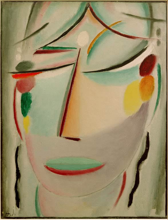Alexej von Jawlensky Heilandsgesicht Das Lächeln Kunstkopie, abstrahiertes Gesicht in Grün und Orange mit geschlossenen Augen