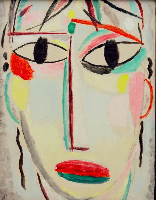 Helles Gesicht mit schwarzen Augen und roten Lippen – Alexej von Jawlensky Heilandsgesicht: Die heilige Stunde Kunstkopie