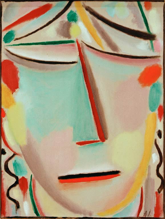 Mintgrünes Gesicht mit gesenktem Blick und bunten Wangenflecken – Alexej von Jawlensky Heilandsgesicht: Einkehr Kunstkopie