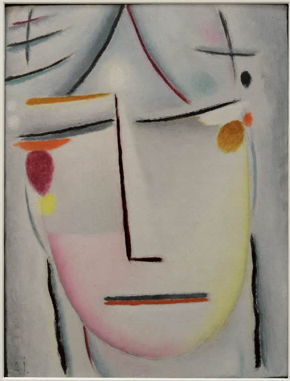 Blassgraues Gesicht mit gesenktem Blick und rosa Flecken – Alexej von Jawlensky Heilandsgesicht: Sternenlicht Kunstkopie