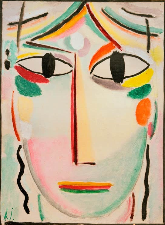 Helles Gesicht mit großen schwarzen Augen und bunten Wangenflecken – Alexej von Jawlensky Heilandsgesicht Kunstkopie