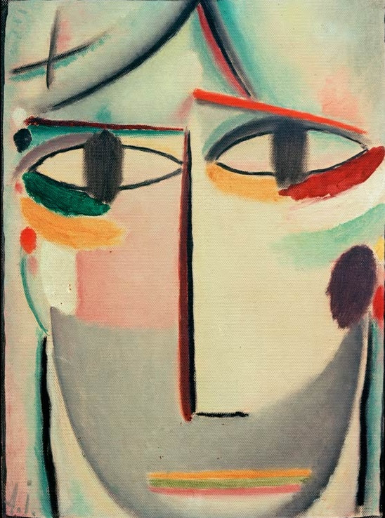 Graues Gesicht mit großen Augen, roten Brauen und dunklen Wangenflecken – Alexej von Jawlensky Heilandsgesicht Kunstkopie