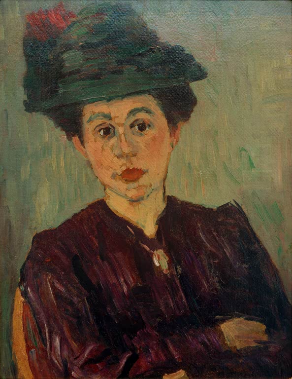 Alexej von Jawlensky Helena Jawlensky Kunstkopie – Frau mit grünem Hut und verschränkten Armen in dunkelroter Bluse